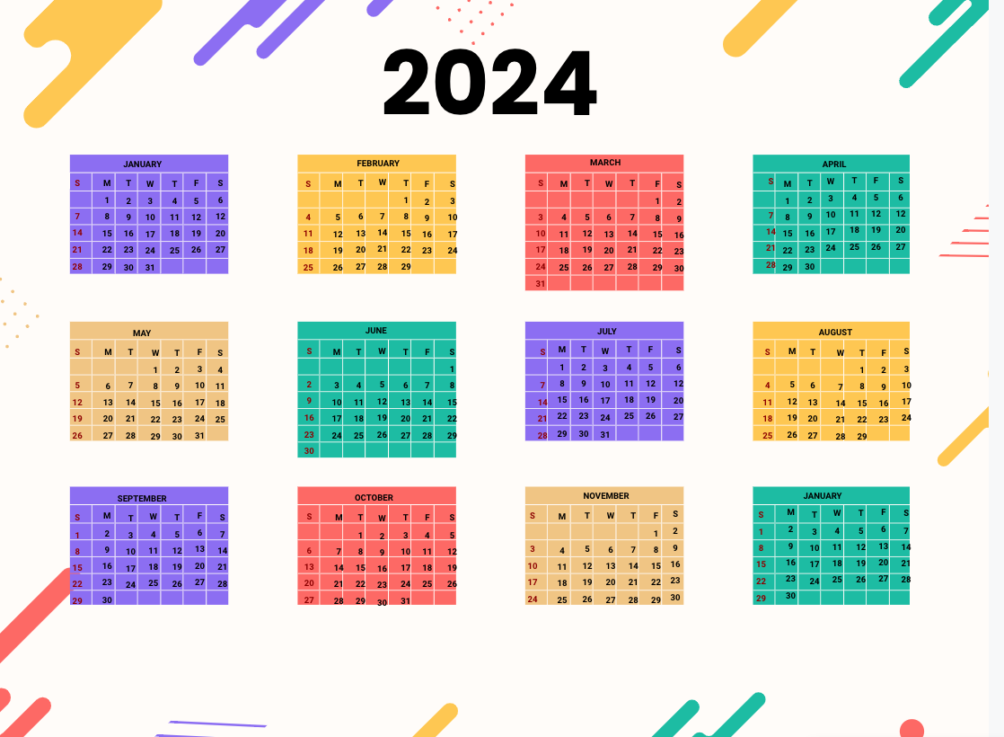 Colorful Year 2024 Google Calendar Template by Template.net